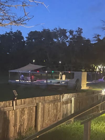 The pool deck in the evening at New Season RV Resort, Aransas Pass TX